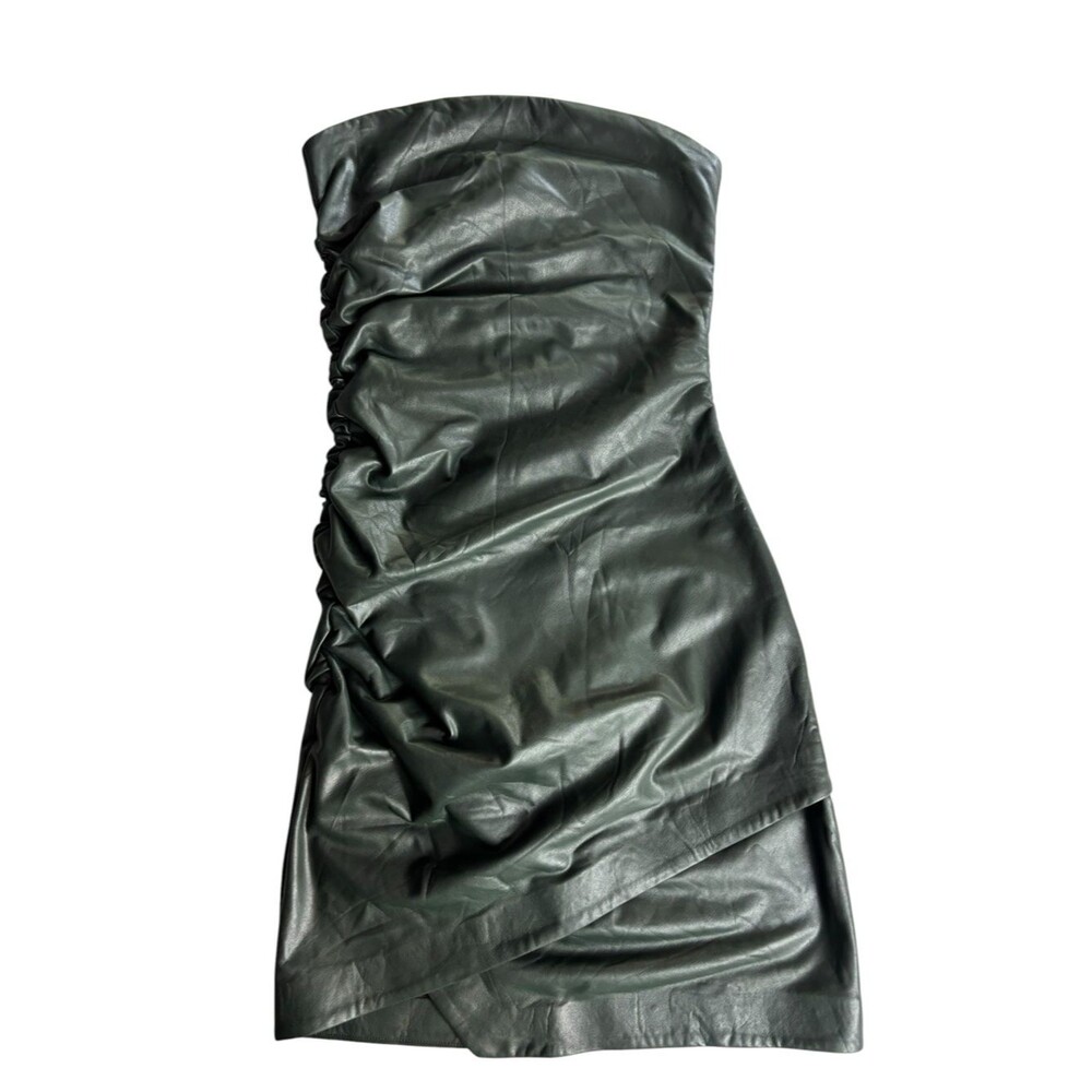 Susana Monaco Faux Leather Green Black Strapless Ruched Mini Dress Small - Picture 2 of 15